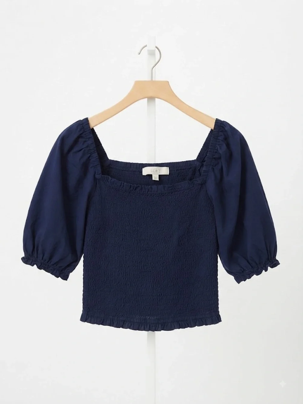 LOFT Navy Smocked Square Neck Puff Sleeve Blouse L
